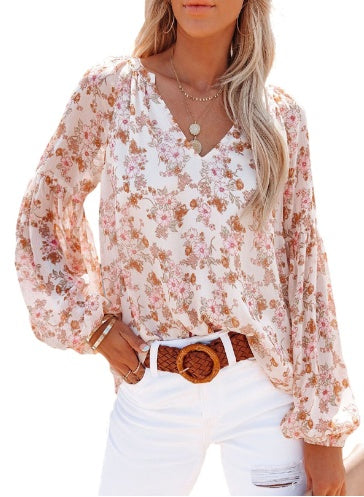 Floral Chiffon Blouse With Lantern Sleeves