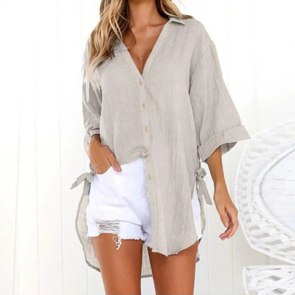 Summer Linen Shirts- Loose Irregular Hem Button Down Collar Shirt