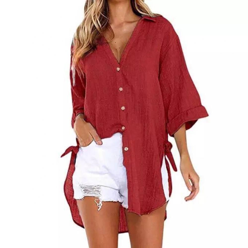 Summer Linen Shirts- Loose Irregular Hem Button Down Collar Shirt