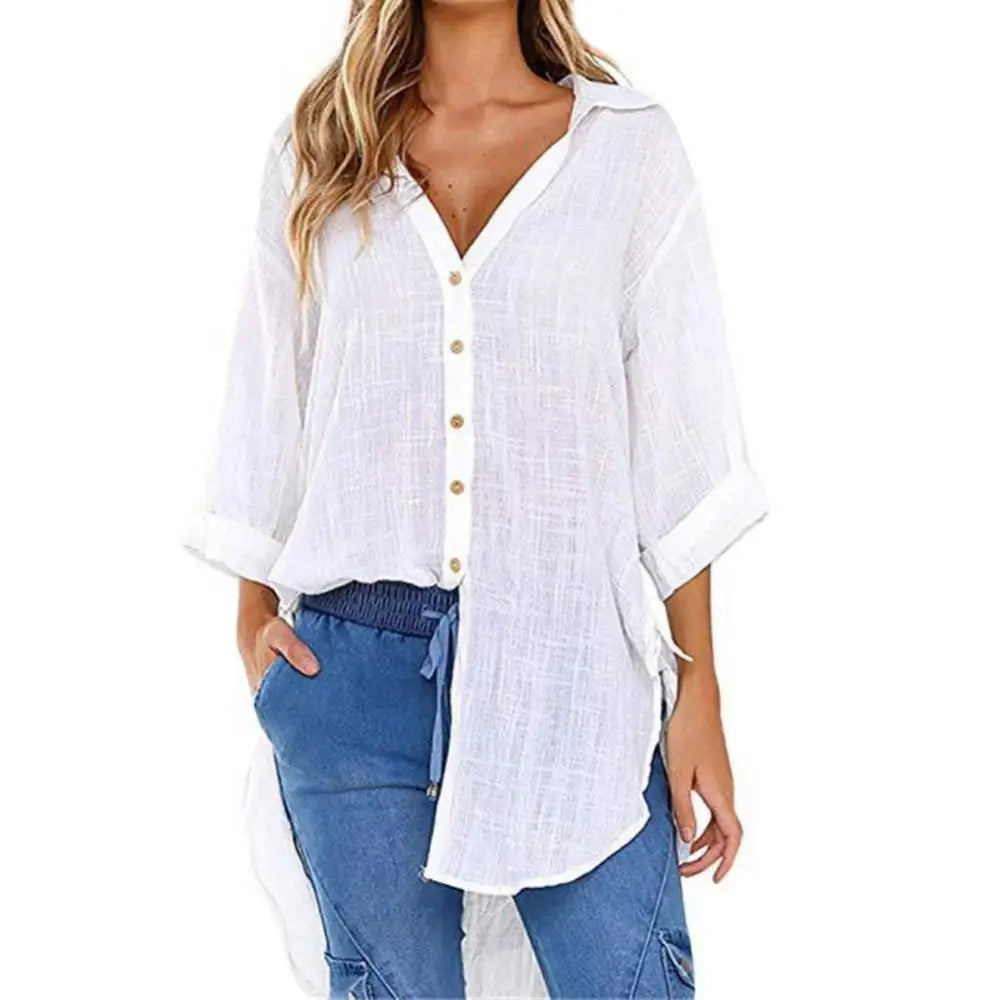 Summer Linen Shirts- Loose Irregular Hem Button Down Collar Shirt