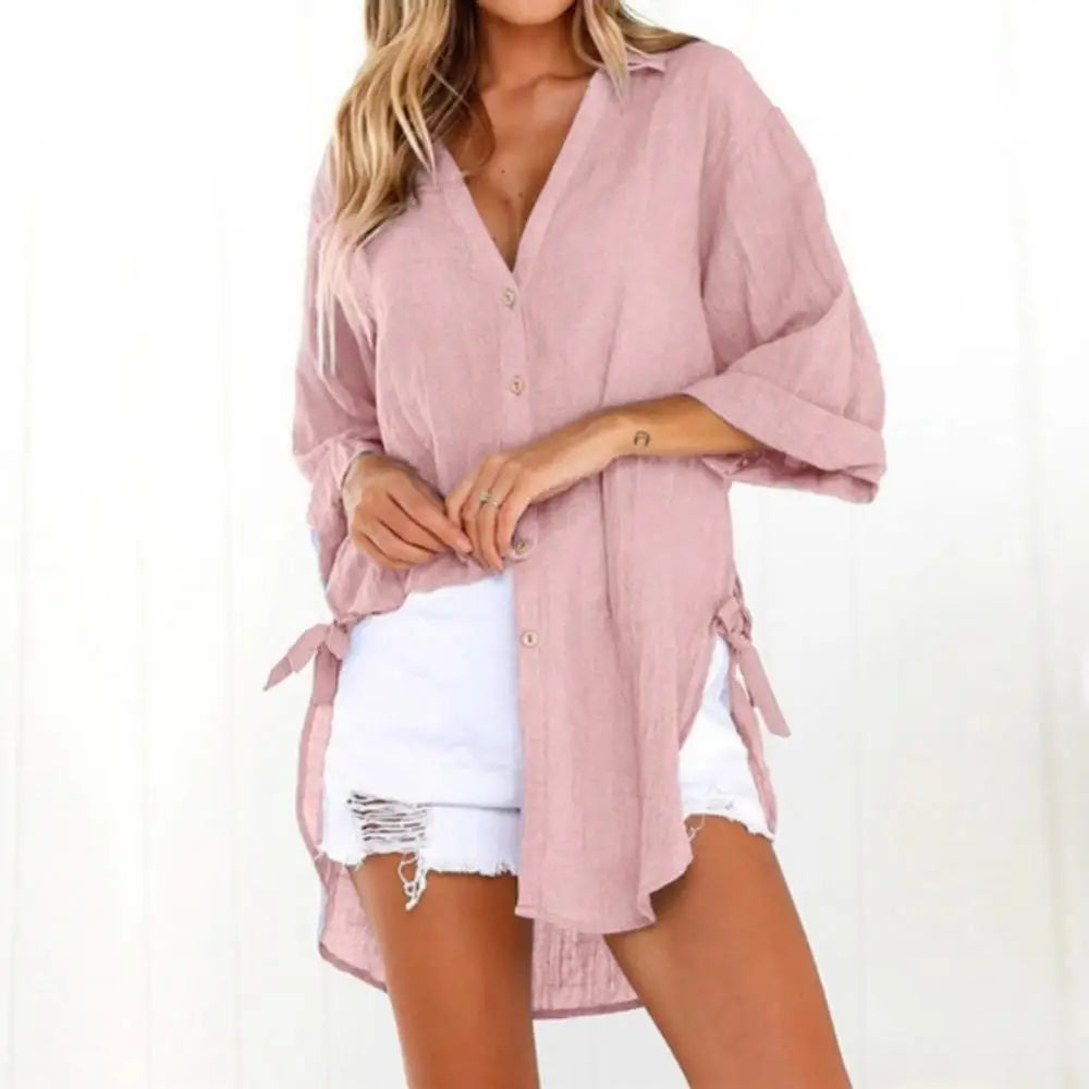 Summer Linen Shirts- Loose Irregular Hem Button Down Collar Shirt