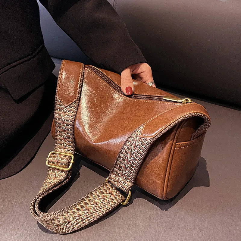 Vintage Leather Boston Crossbody Bag; Shoulder Bag Purse