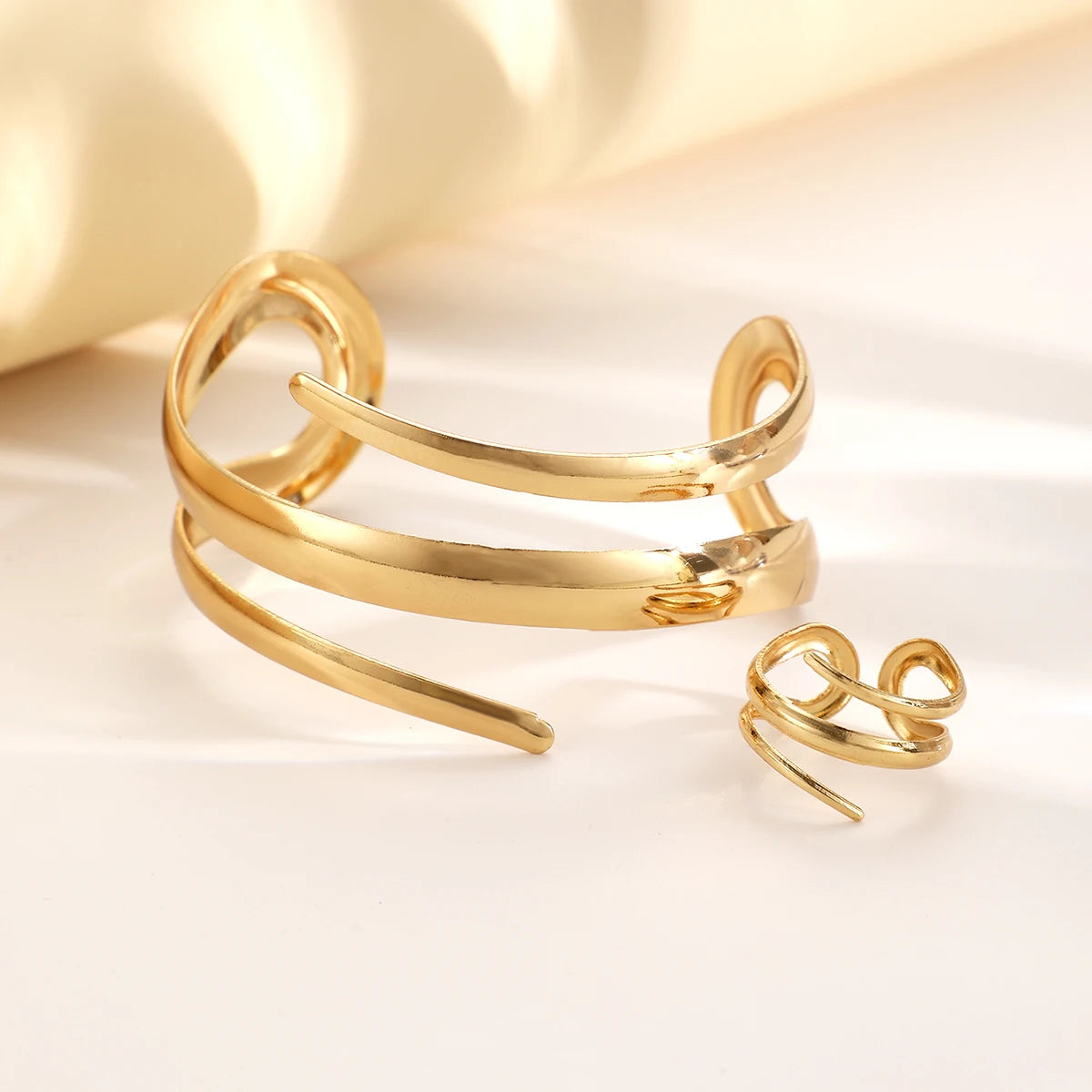 Thick Gold or Silver Bracelet and Ring Set