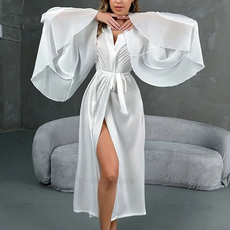 Lotus Leaf Sleeves Kimono Satin Lingerie Robe