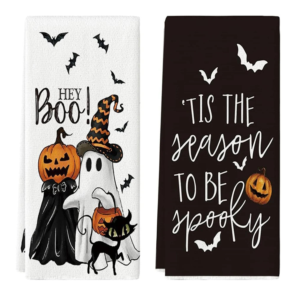 2 Piece Halloween Festival Ghost, Pumpkins, Bats, and Cat Kitchen Dish Towels