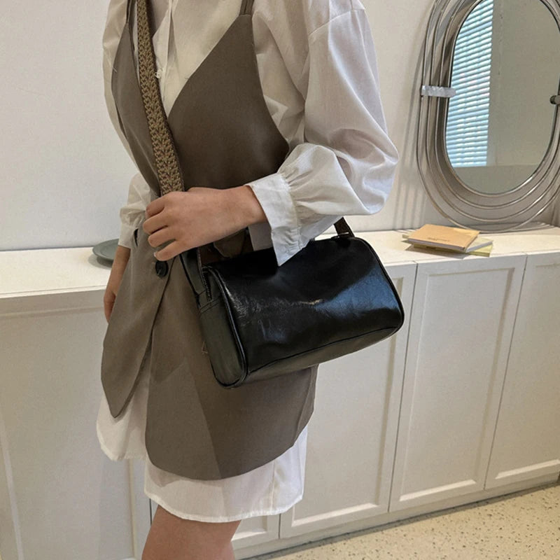 Vintage Leather Boston Crossbody Bag; Shoulder Bag Purse