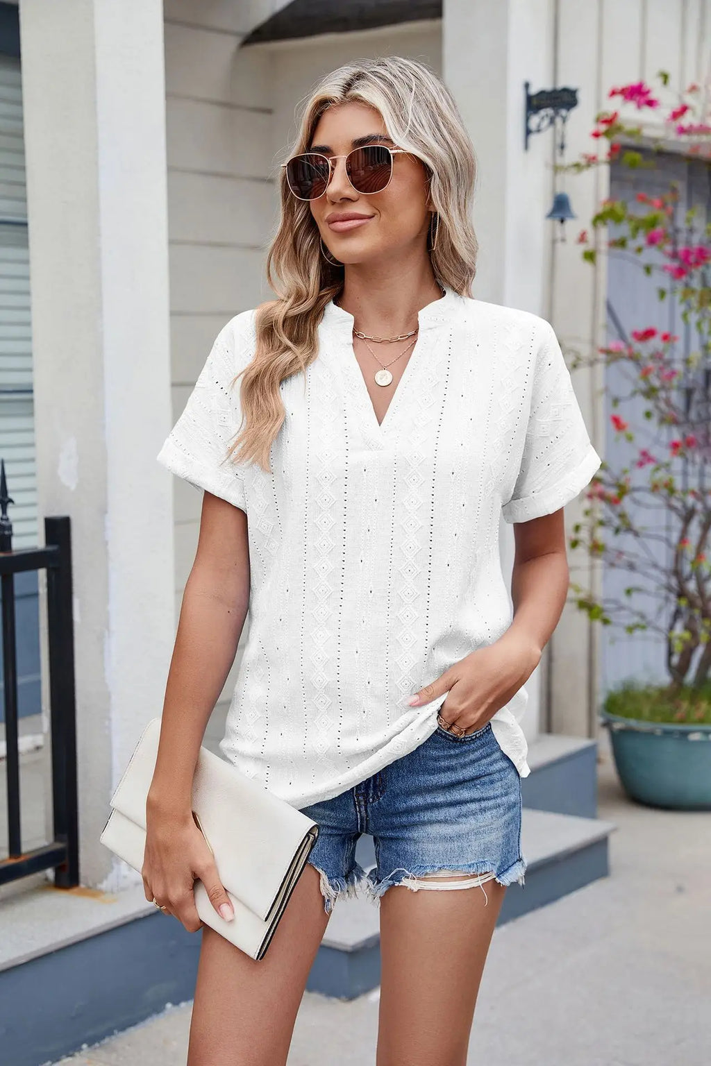 Casual V Neck Embroidery Blouses for Women