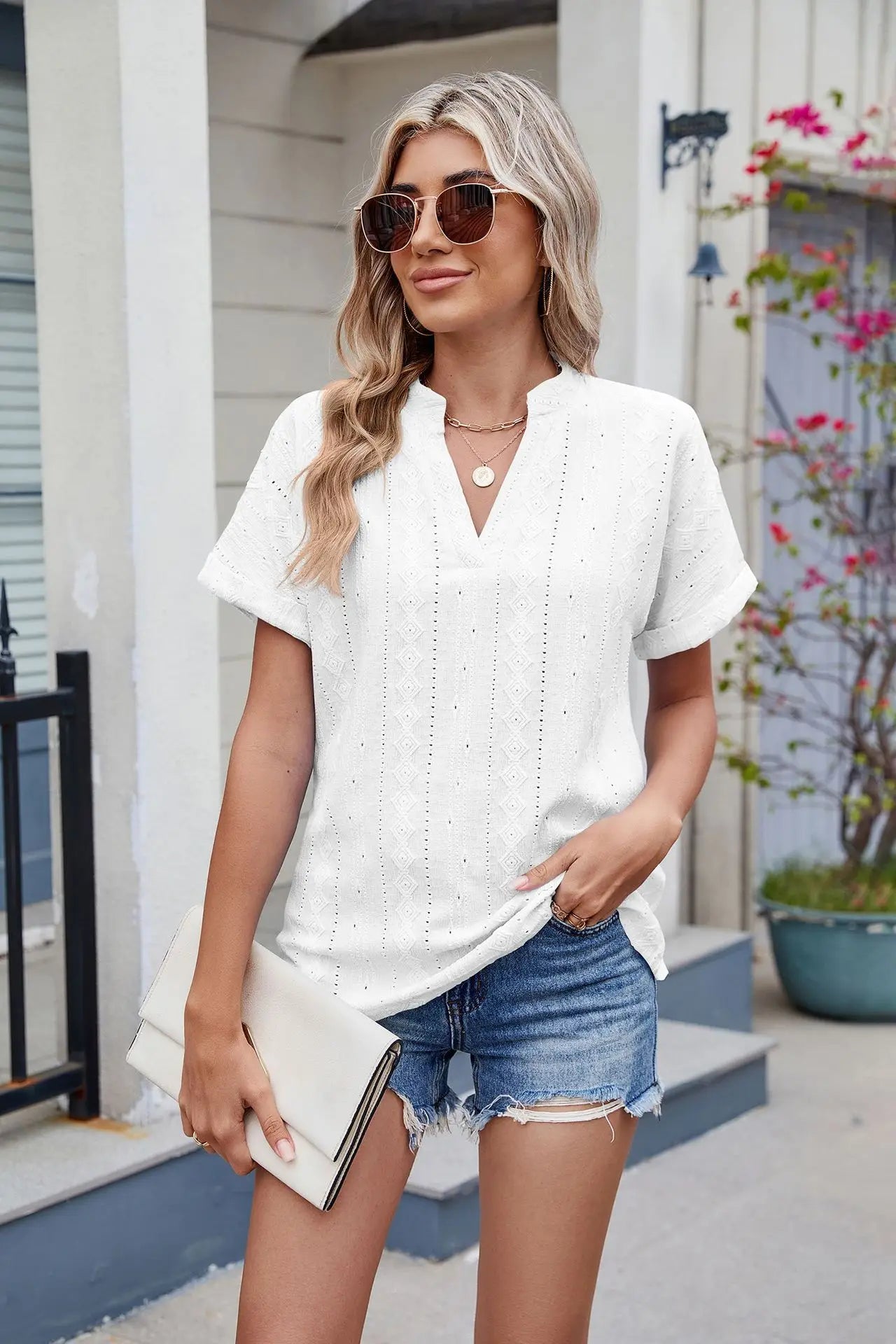 Casual V Neck Embroidery Blouses for Women