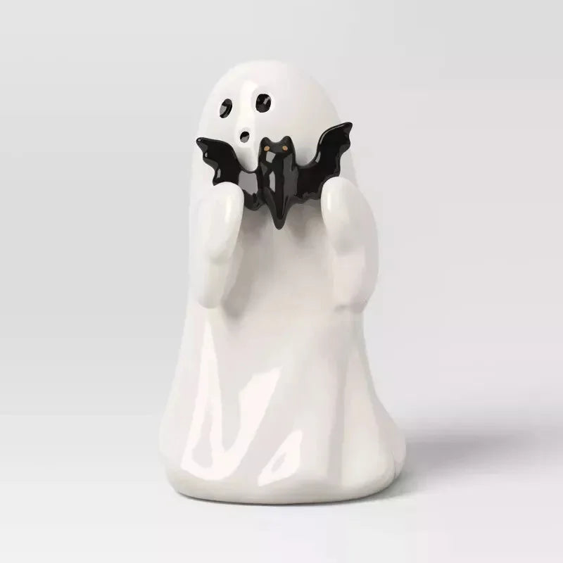 Ceramic Halloween Ghost Holding Pink Pumpkin or Bat Resin Statue