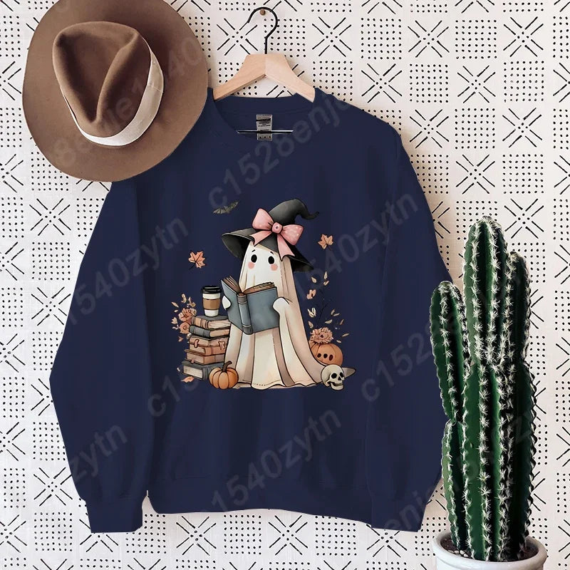 Halloween Ghost Oversized Crew Neck Sweatshirt with Book & Pumpkins