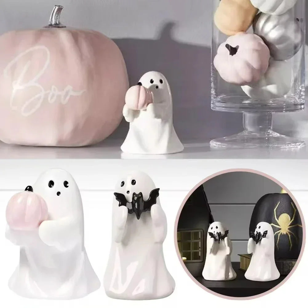 Ceramic Halloween Ghost Holding Pink Pumpkin or Bat Resin Statue