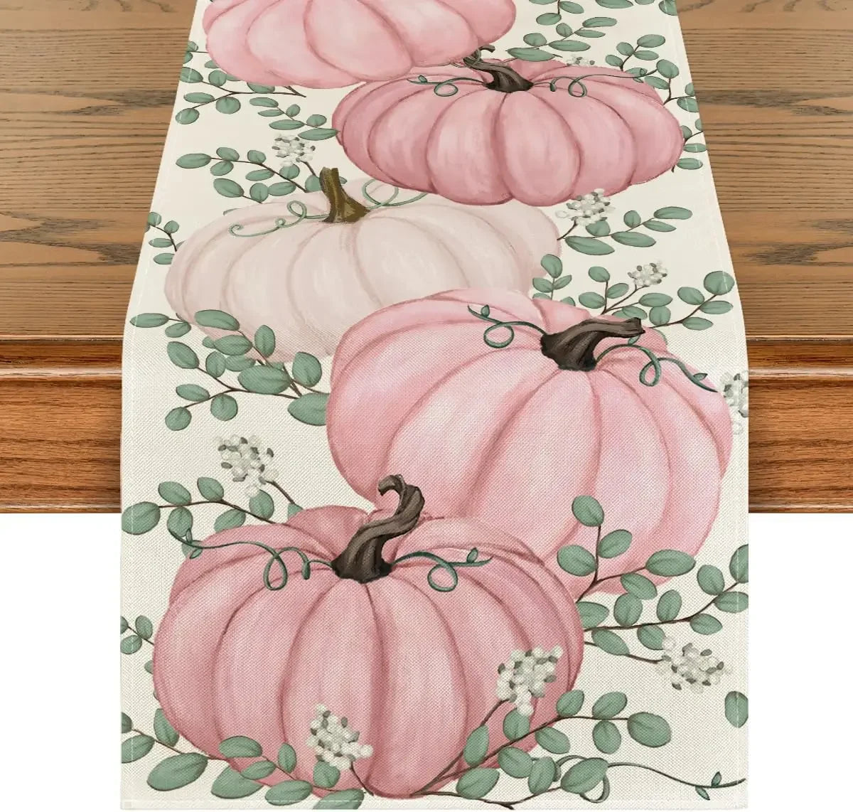 Linen Autumn Polka Dot Pumpkins Vine Table Runner