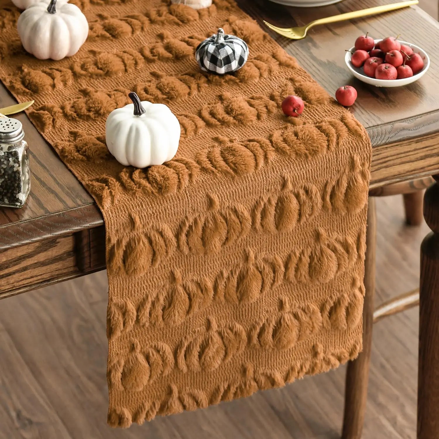 Soft Plush Faux Fur Jacquard Pumpkins Fall Table Runner