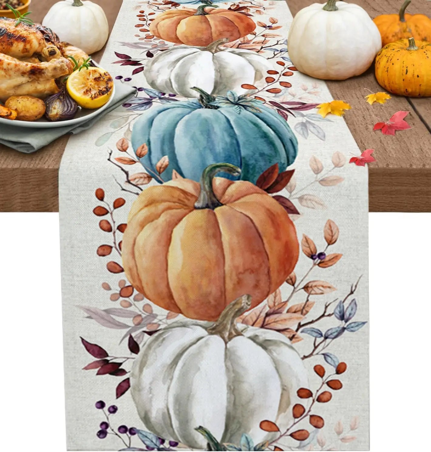 Linen Table Runner Colorful Pumpkins with Eucalyptus Leaves