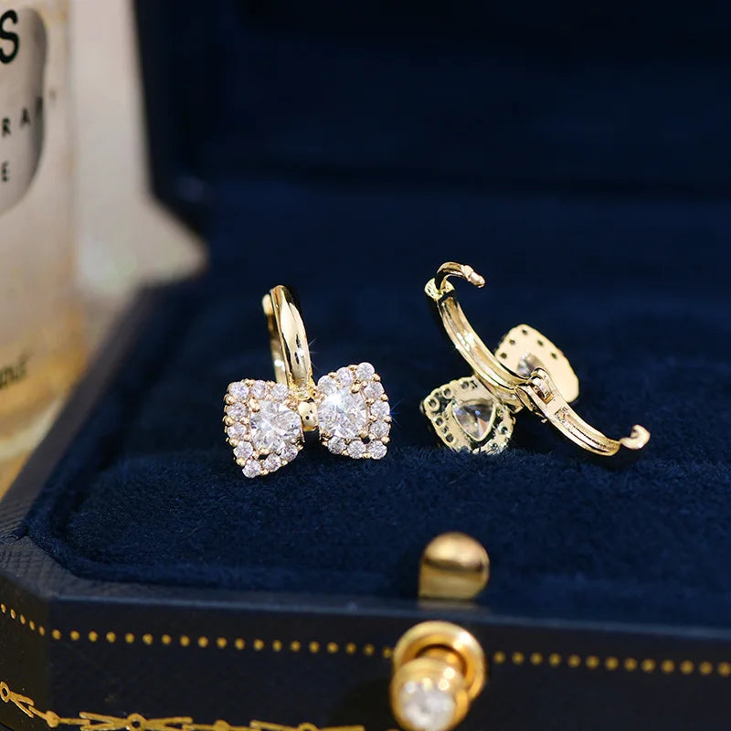 Gold Plating Sweet Small Bow Zirconia Earrings