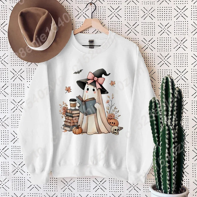 Halloween Ghost Oversized Crew Neck Sweatshirt with Book & Pumpkins