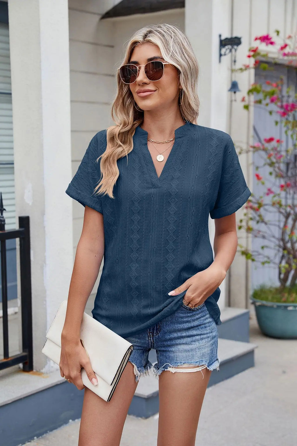 Casual V Neck Embroidery Blouses for Women