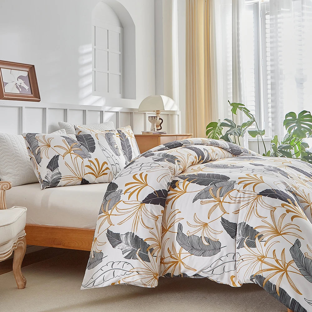 3Piece Leaf and Feather Pattern Bedding Duvet