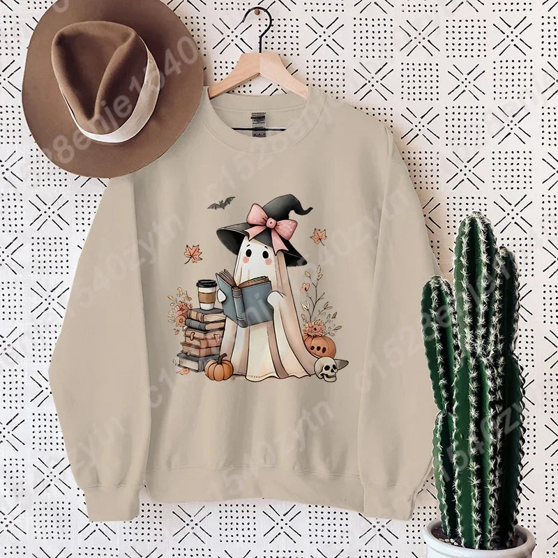 Halloween Ghost Oversized Crew Neck Sweatshirt with Book & Pumpkins