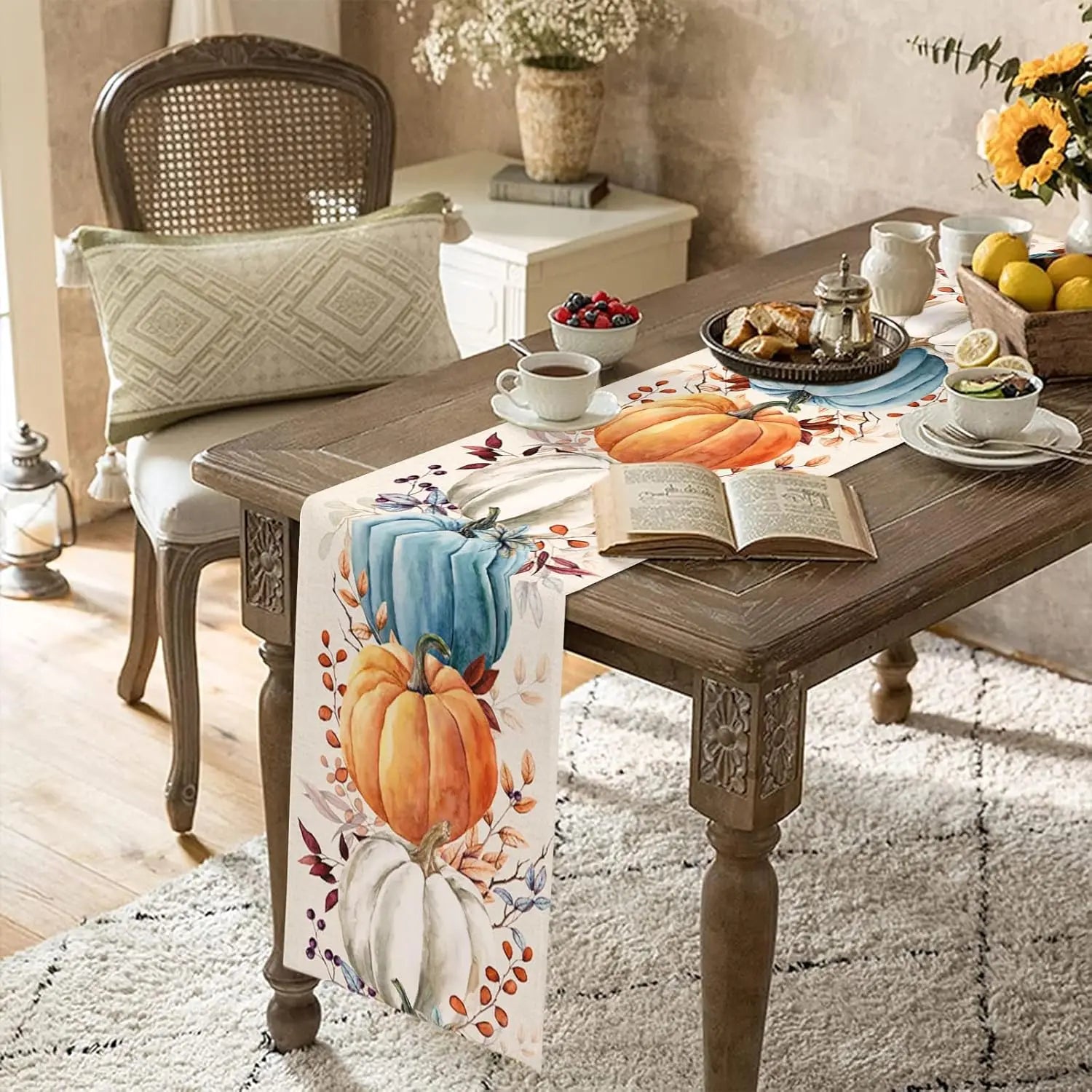 Linen Table Runner Colorful Pumpkins with Eucalyptus Leaves