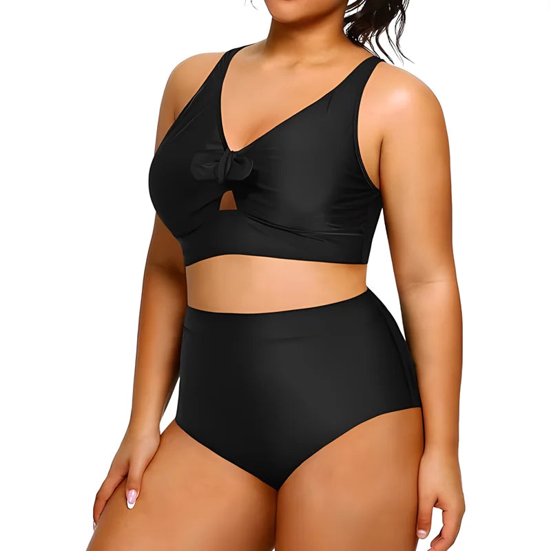 Plus Size Black High Waisted Tummy Control Two Piece Bikini Set