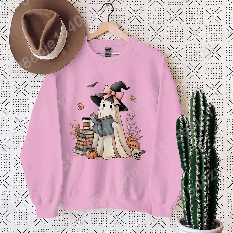 Halloween Ghost Oversized Crew Neck Sweatshirt with Book & Pumpkins