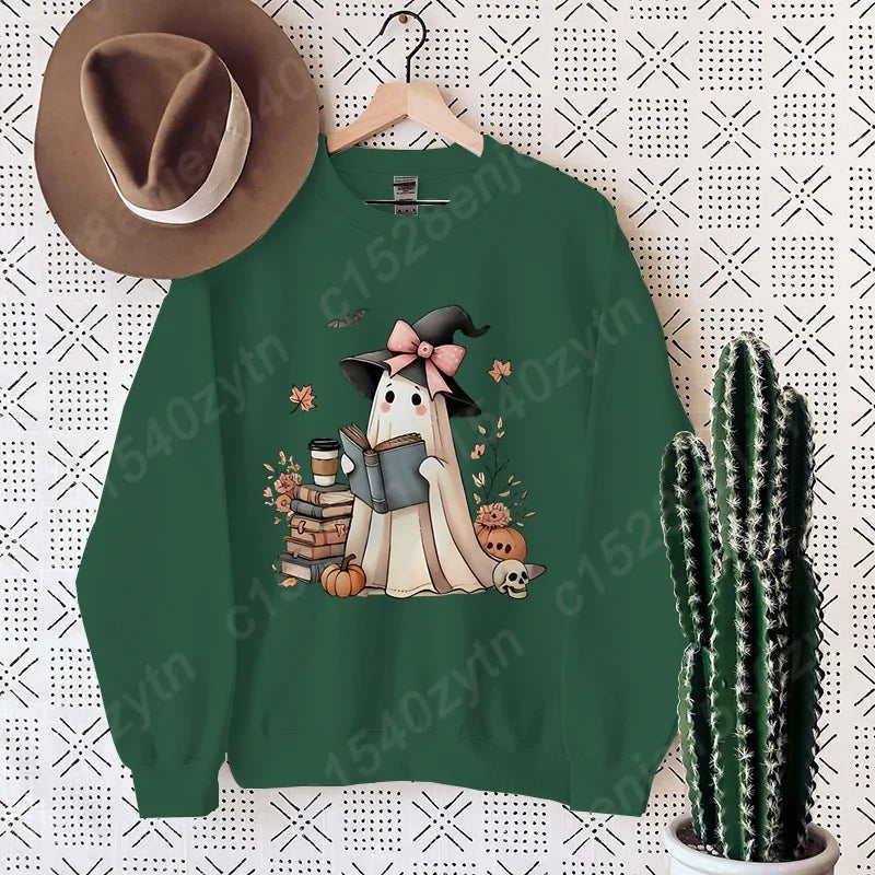 Halloween Ghost Oversized Crew Neck Sweatshirt with Book & Pumpkins