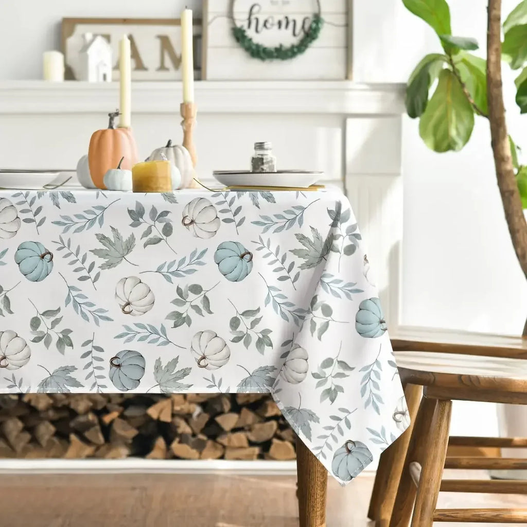 Thanksgiving/Autumn Harvest Blue Pumpkins and Leaves Waterproof Tablecloth