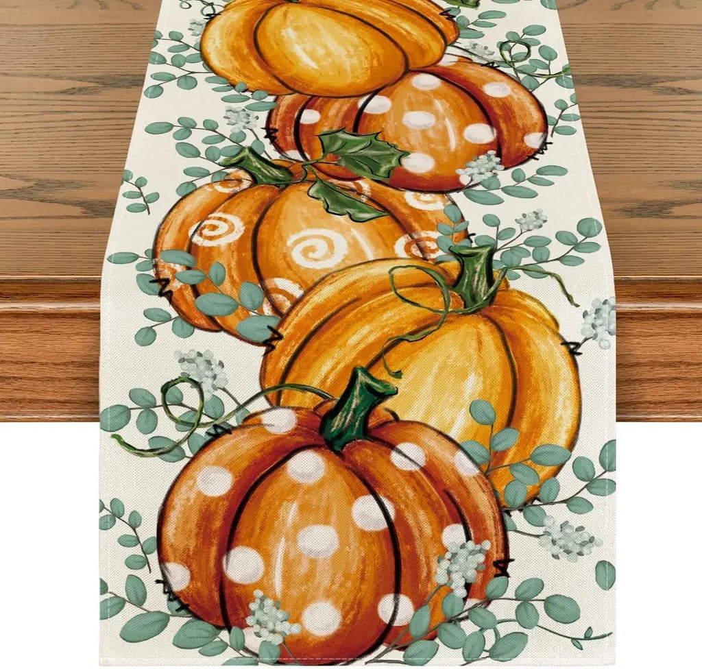 Linen Autumn Polka Dot Pumpkins Vine Table Runner