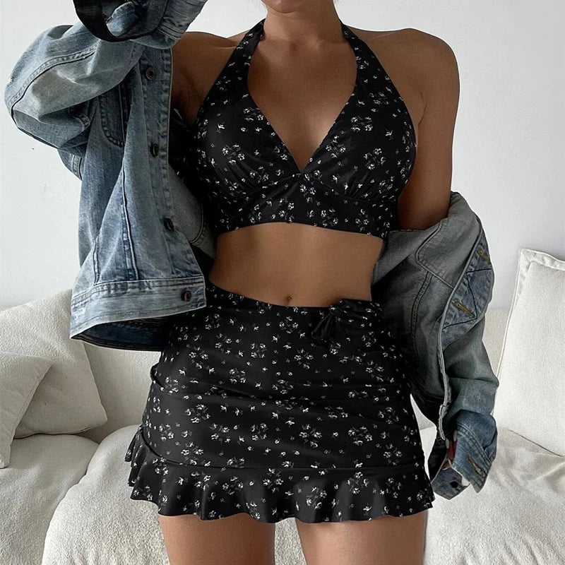 Low Cut Bikini Set with Ruffles Skirt (Three Pieces)