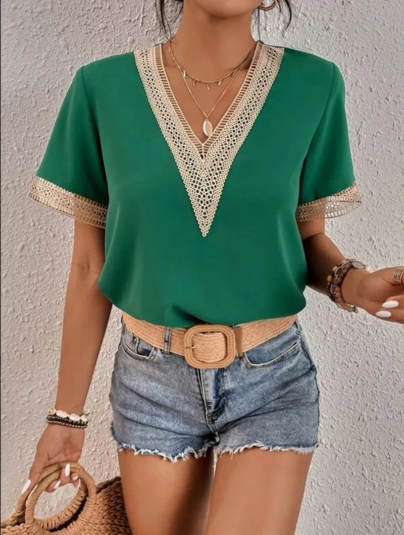 Elegant V-Neck Short Sleeve Blouse