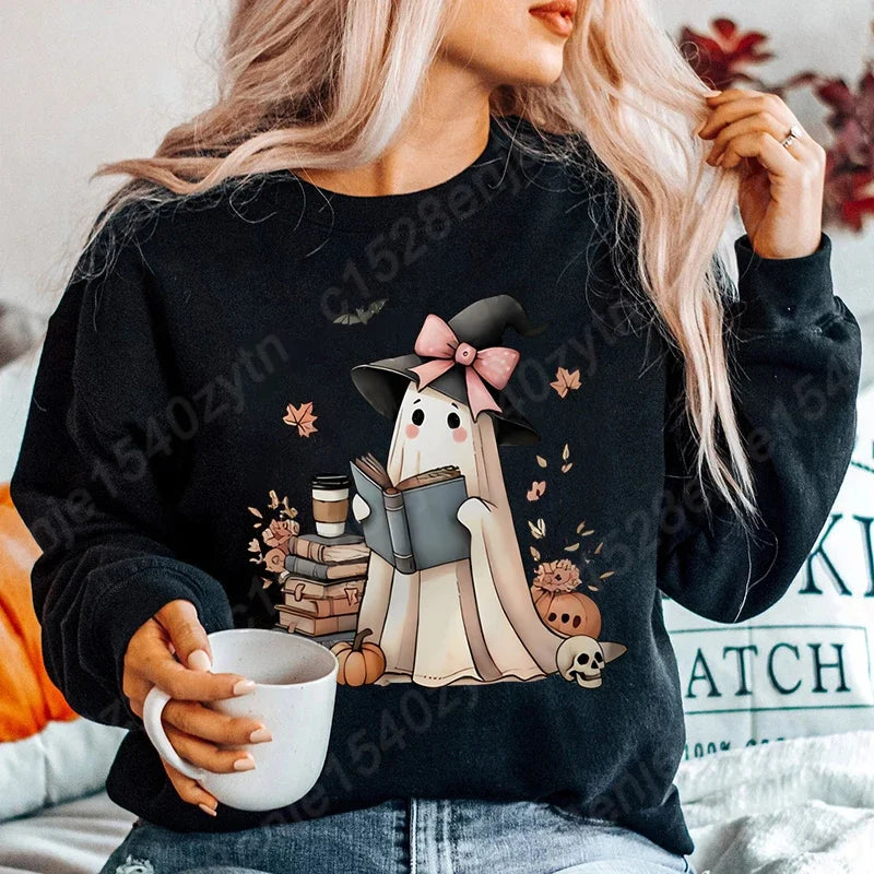 Halloween Ghost Oversized Crew Neck Sweatshirt with Book & Pumpkins