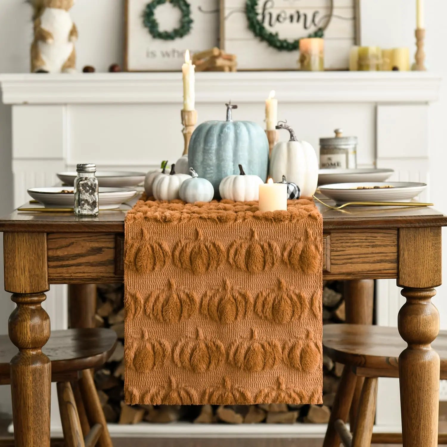 Soft Plush Faux Fur Jacquard Pumpkins Fall Table Runner