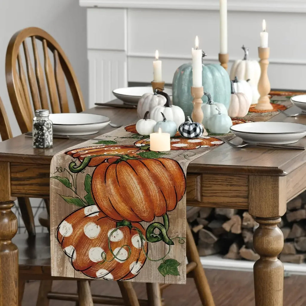 Linen Autumn Polka Dot Pumpkins Vine Table Runner