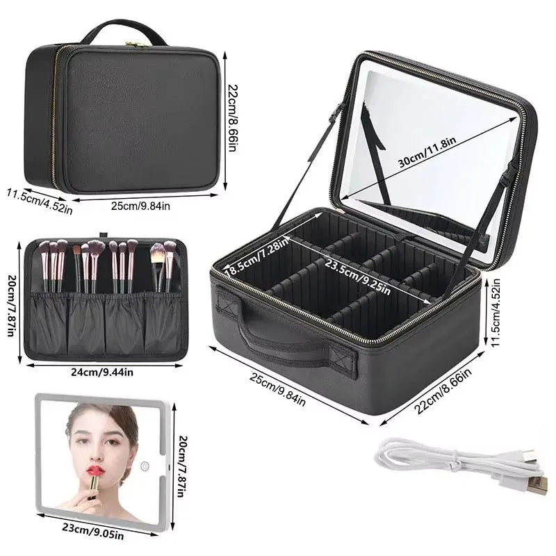 Large Capacity Smart LED Cosmetic Case With Mirror Travel Makeup Bag