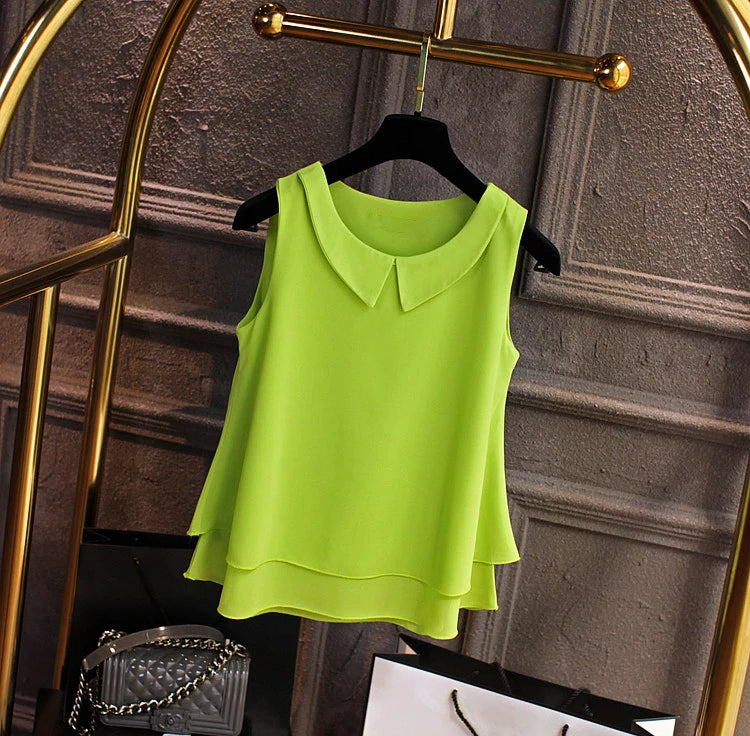 New Sleeveless Peter Pan Collar Chiffon Blouse S-5XL
