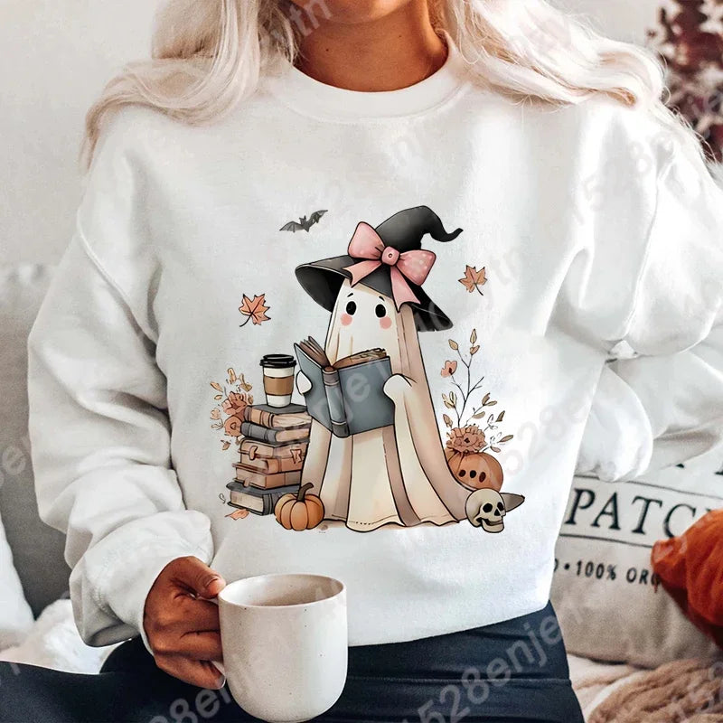 Halloween Ghost Oversized Crew Neck Sweatshirt with Book & Pumpkins