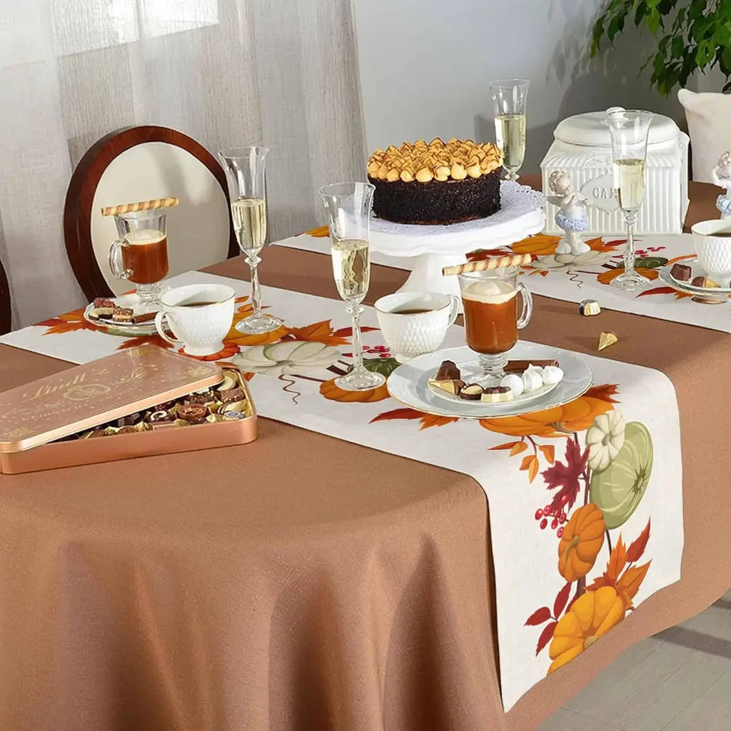 Linen Thanksgiving Pumpkins Maple Leaves Table Runner