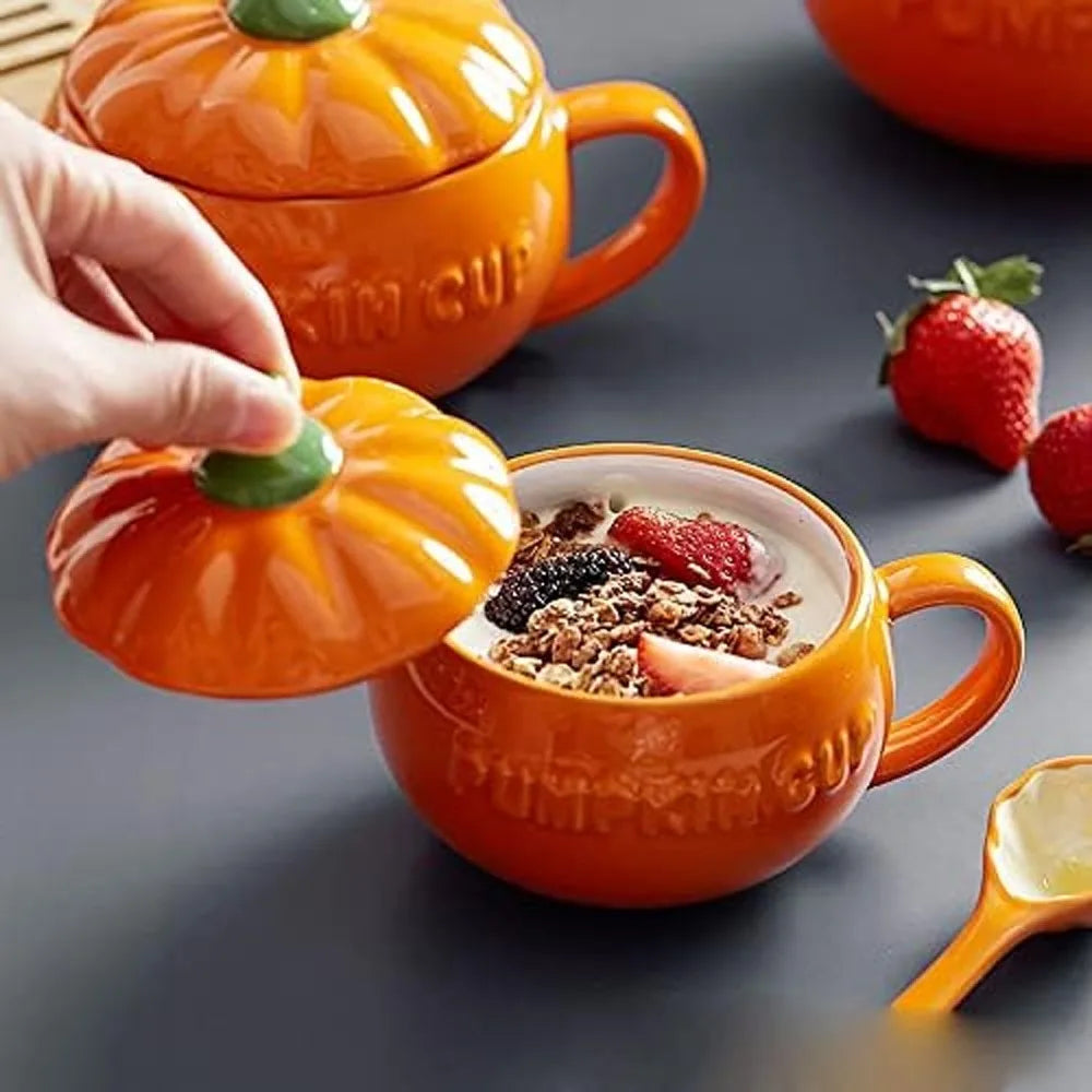 High Temperature Resistant Versatile Halloween Pumpkin Ceramic Coffee Cup/Bowl with Lid and Spoon