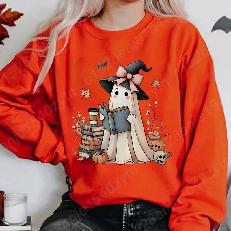 Halloween Ghost Oversized Crew Neck Sweatshirt with Book & Pumpkins