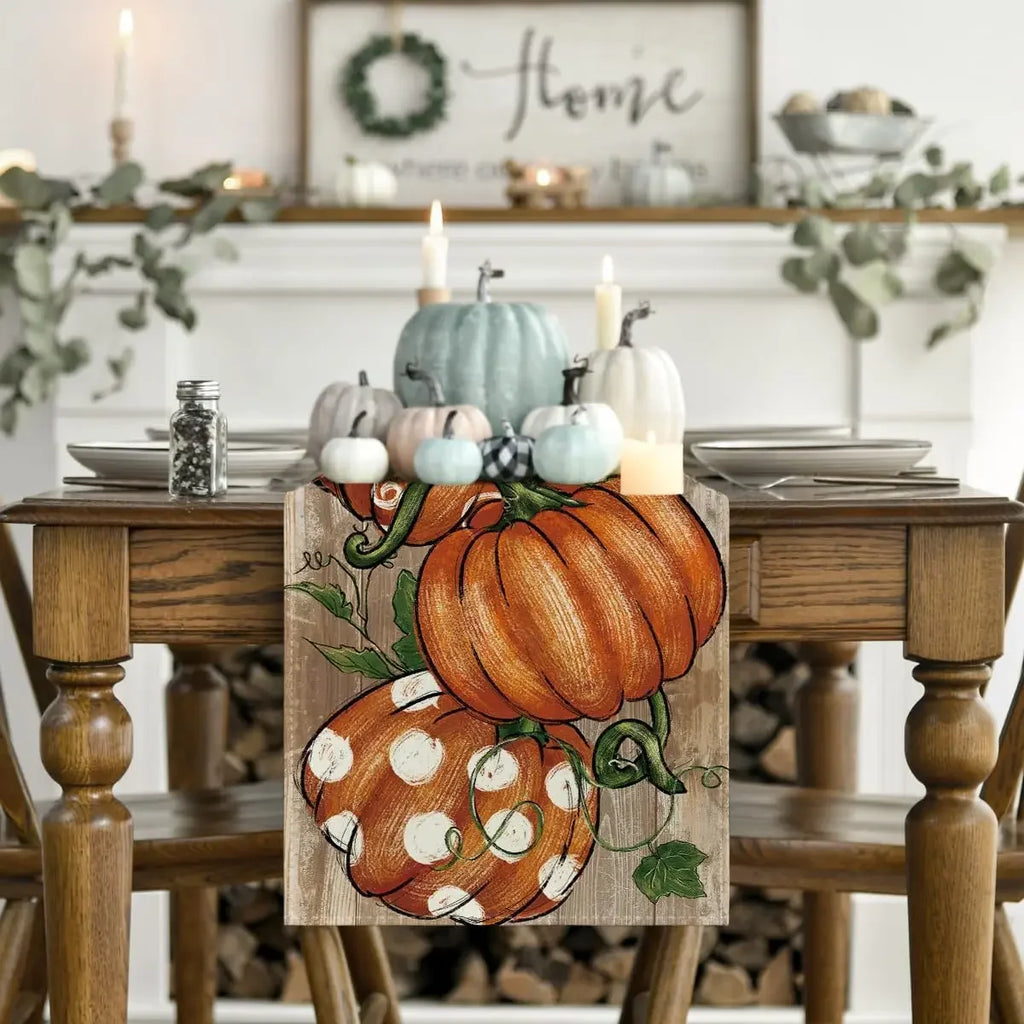 Linen Autumn Polka Dot Pumpkins Vine Table Runner