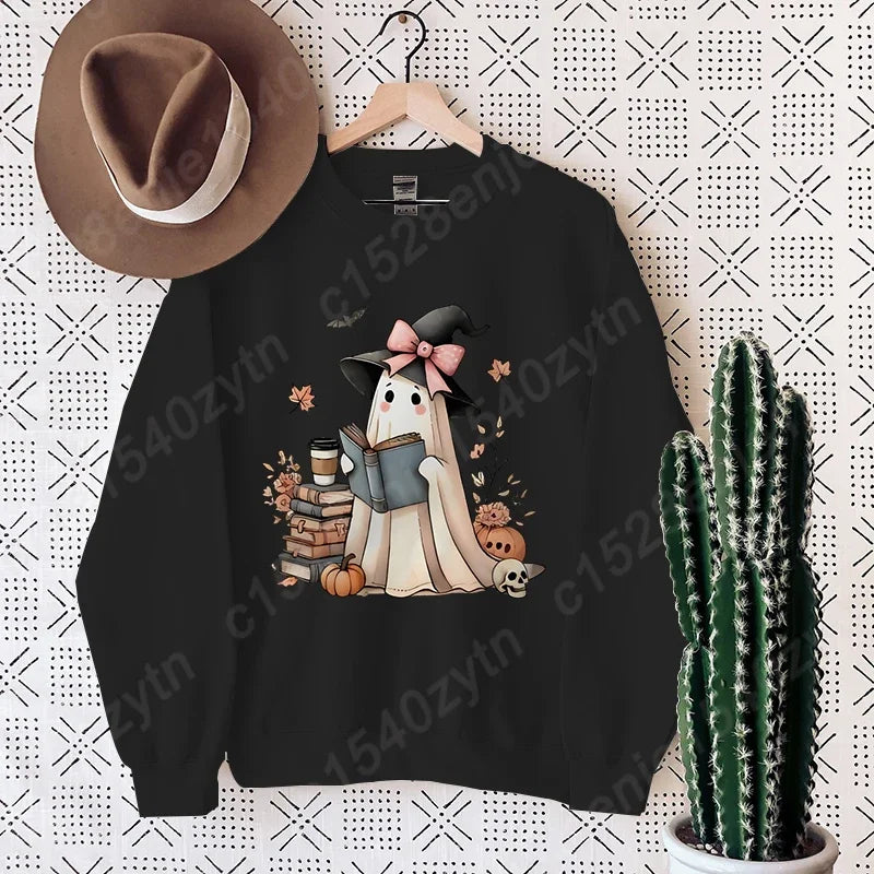 Halloween Ghost Oversized Crew Neck Sweatshirt with Book & Pumpkins