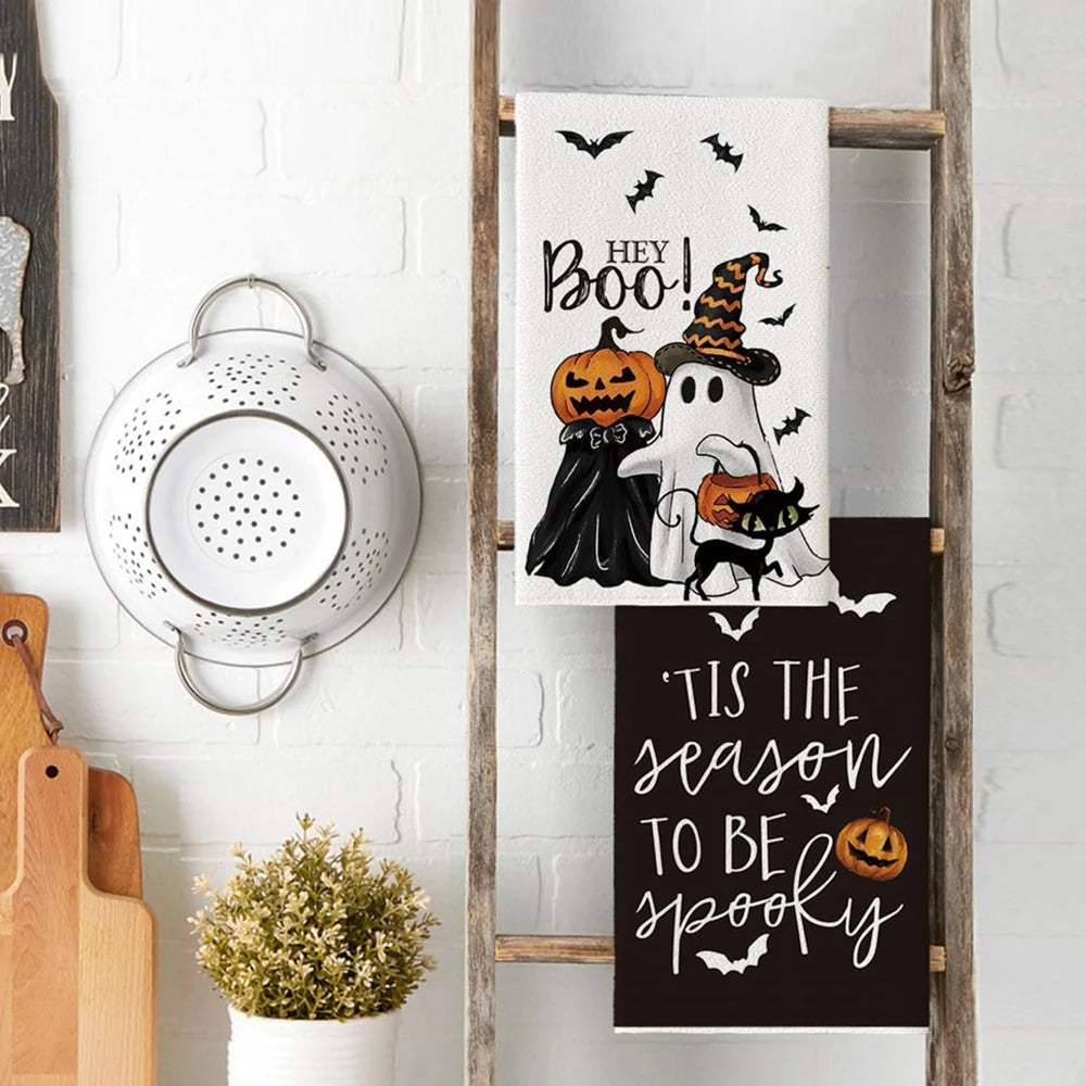 2 Piece Halloween Festival Ghost, Pumpkins, Bats, and Cat Kitchen Dish Towels