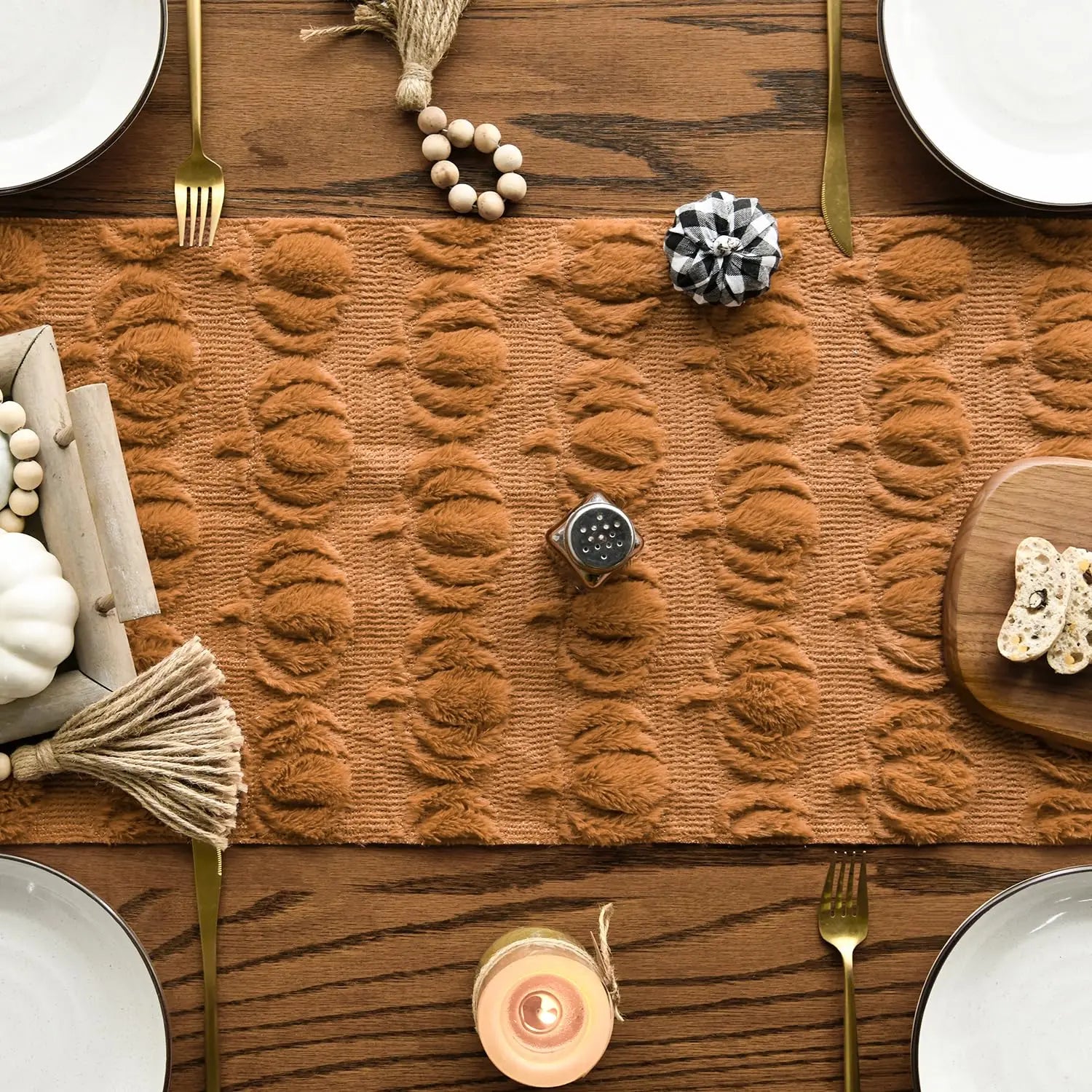 Soft Plush Faux Fur Jacquard Pumpkins Fall Table Runner