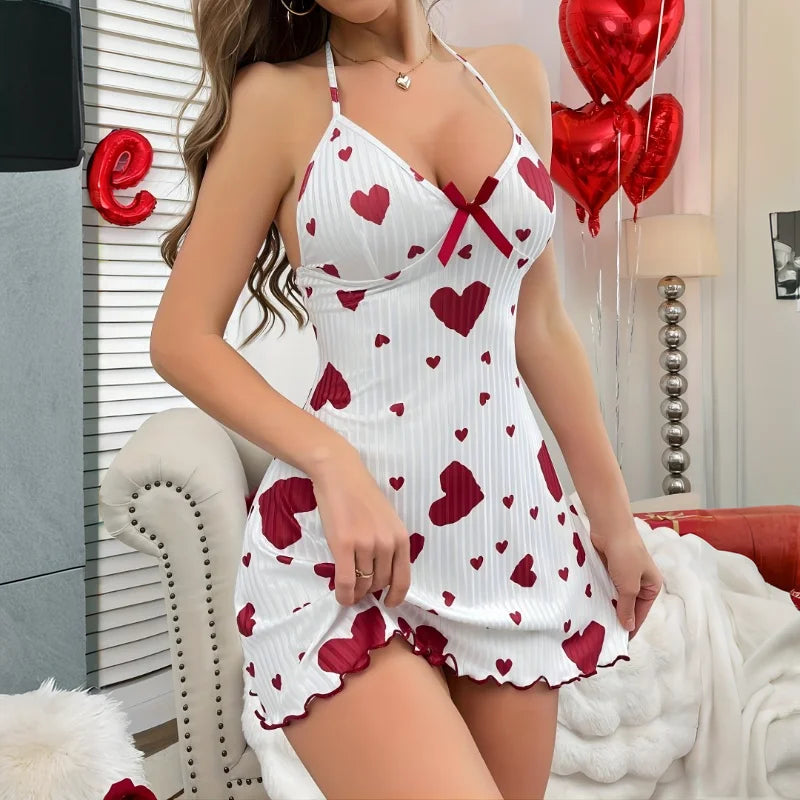 White Heart Print Chemise Ribbed V-Neck Nighty