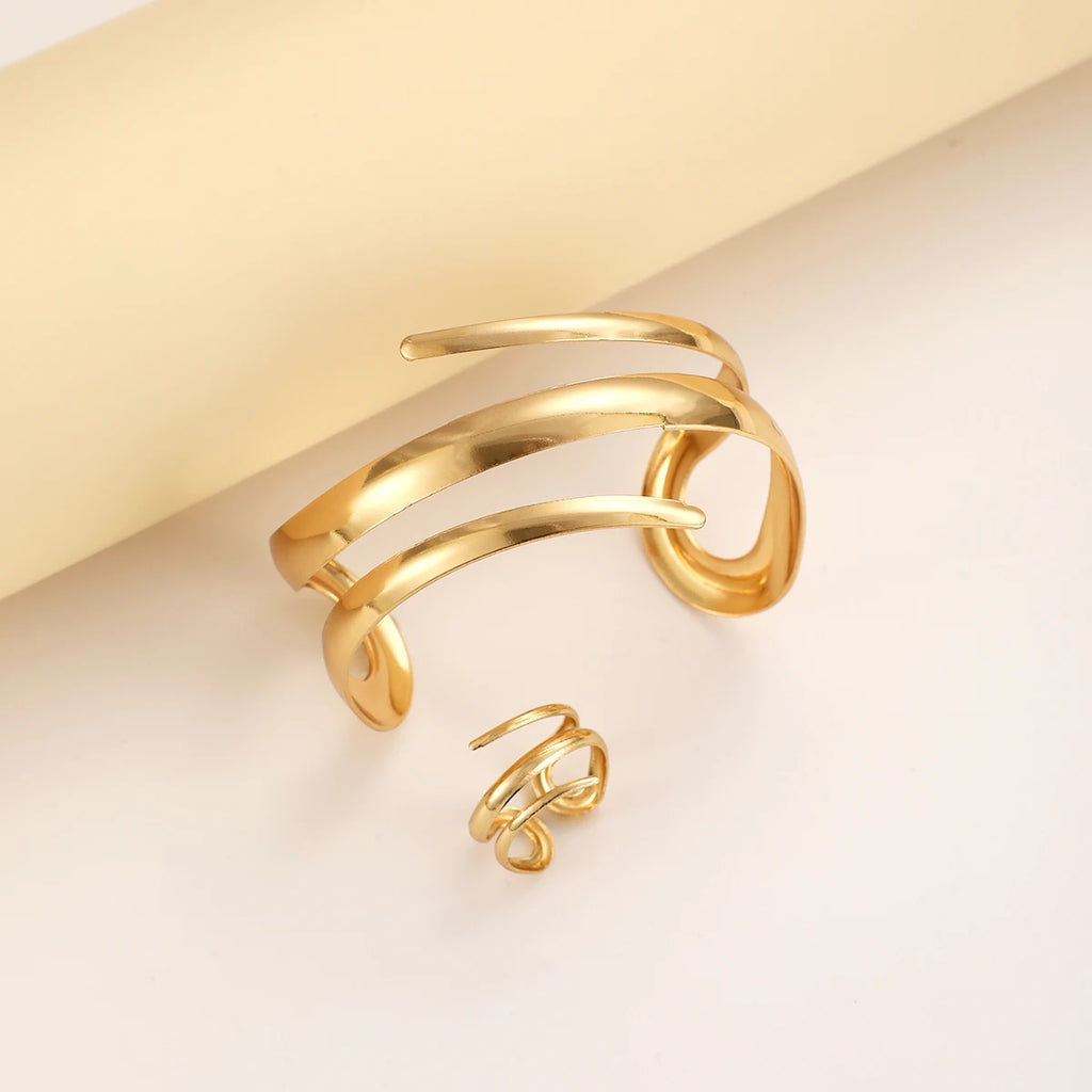 Thick Gold or Silver Bracelet and Ring Set