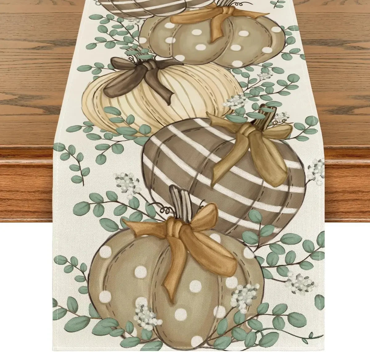 Linen Autumn Polka Dot Pumpkins Vine Table Runner