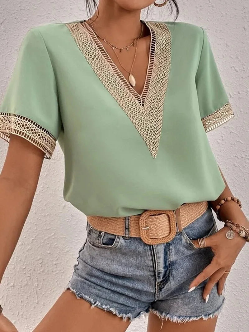 Elegant V-Neck Short Sleeve Blouse