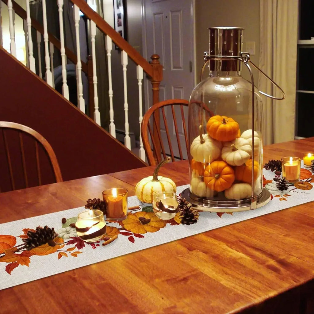 Linen Thanksgiving Pumpkins Maple Leaves Table Runner