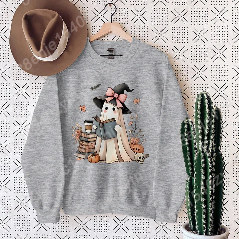 Halloween Ghost Oversized Crew Neck Sweatshirt with Book & Pumpkins